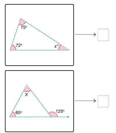 Match the angle measures with the value of x in each triangle. i!mages below! 145° 33° 46° 124° 60°