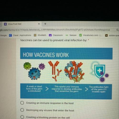PLEASE HELPPP  How can vaccines be used to prevent viral infections? A: creating an immune response