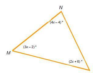 In triangle MNP, what is the measure of angle N?