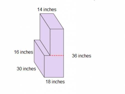 Valeria has a dresser with the basic shape shown below. 2 rectangular prisms. One has a length of 18