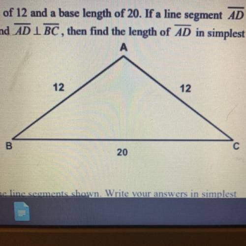 An isosceles triangle is shown below with side lengths of 12 and a base length of 20. If a line segm