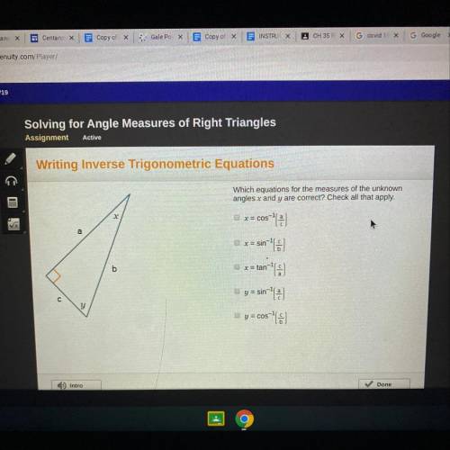 Which equations for the measures of the unknown angles x and y are correct? Check all that apply.