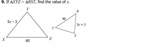 If ∆XYZ ~ ∆RST, find the value of x.