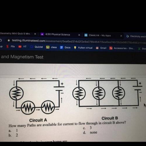 How many paths are available for current to flow through in circuit b above?