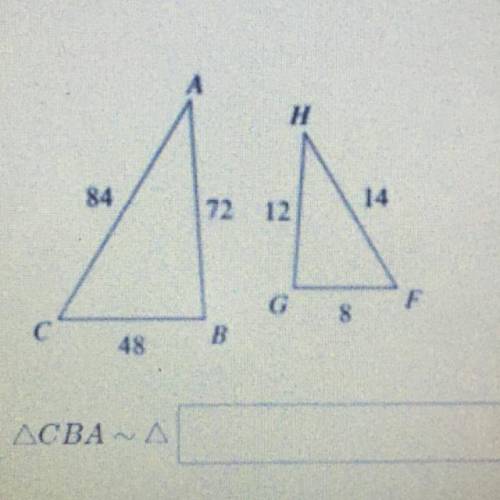 Write the similarity ratio of the larger triangle to the smaller triangle and a similarity statement