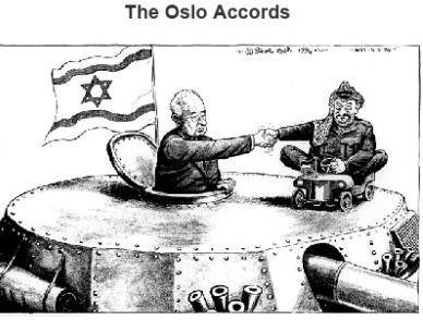 Study the 1994 political cartoon about the Oslo Accords. A political cartoon of the Oslo Accords. An