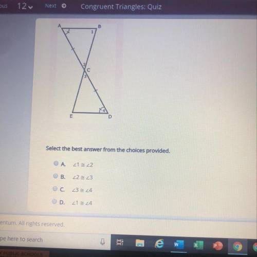 Given the figure as marked, what must be shown to be congruent in order to say that triangle are con