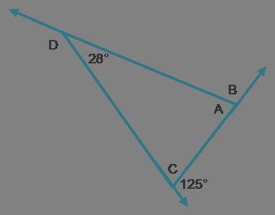 Examine the diagram. It is not drawn to scale.A triangle has angles 28 degrees, A, C. The exterior a