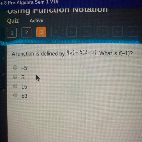 A function is defined by fx)= 5(2-x). What is f(-1)? 0 -5 O 5 0 15