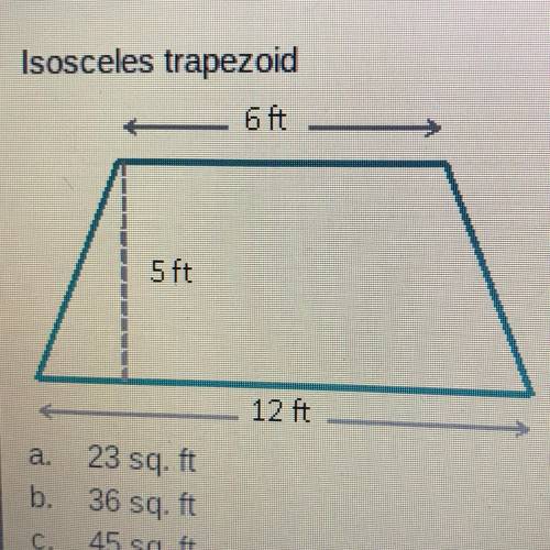 Find the area of the figure. If needed, round to the nearest tenth. Isosceles trapezoid A. 23 sq.ft