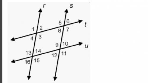 Parallel lines r and s are cut by two transversals, parallel lines t and u. Which angles are alterna