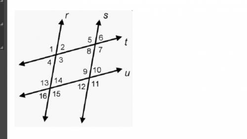 Parallel lines r and s are cut by two transversals, parallel lines t and u. Which angles are corresp