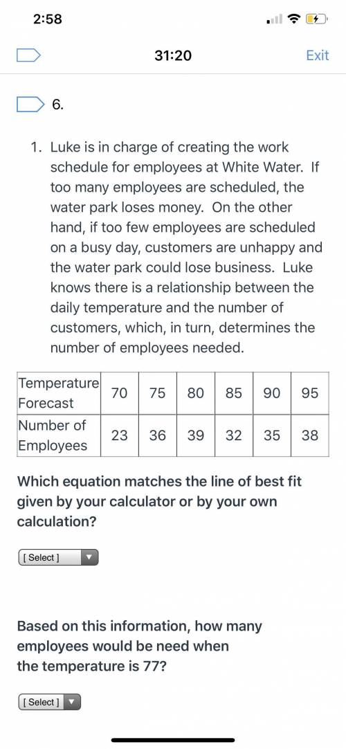 Which equation matches the line of best fit? And based on this information how many employees would