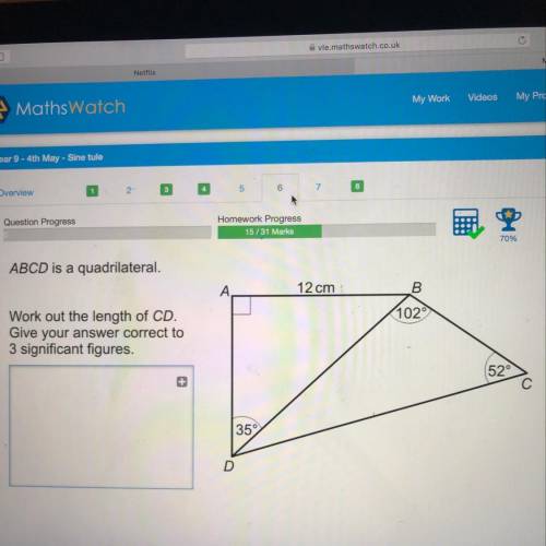 ABCD is a quadrilateral. A 12 cm Work out the length of CD. Give your answer correct to 3 significan