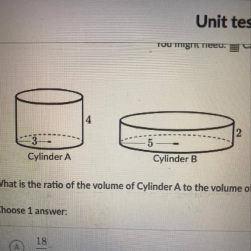 What is the ratio of the volume of Cylinder A to the volume of Cylinder B? A. 18/25 B. 5/6 C. 6/5 D.