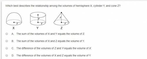 Which best describes the relationship among the volumes of hemisphere X, cylinder Y, and cone Z? A.