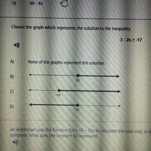 Choose the graph which represents the solution to the inequality  3-2x>-17
