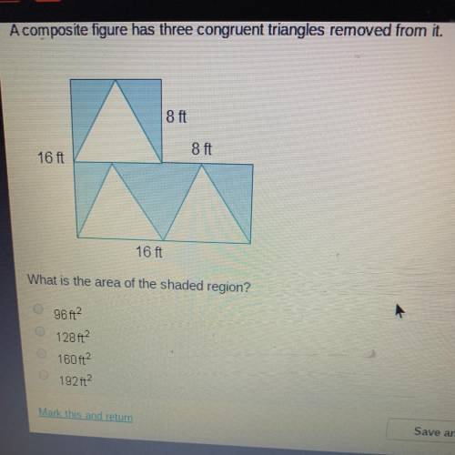 A composite figure has three congruent triangles removed from it. 8 ft 8 ft 16 ft 16 ft What is the