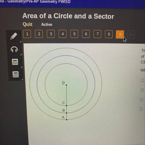 The smallest of the three circles with center D has a radius of 8 inches and CB = BA = 4 inches. Wha