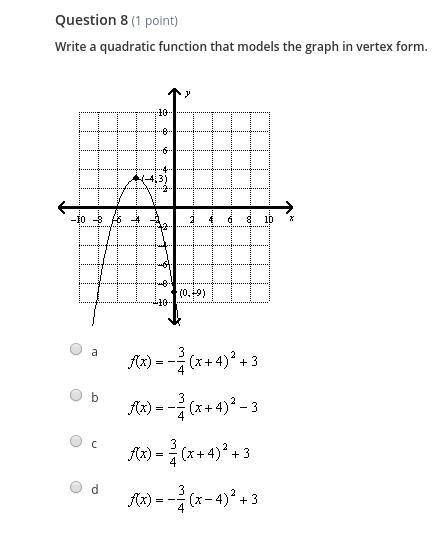 A.f(x)= -3/4(x+4)^2 +3 B.f(x)=-3/4(x+4)^2 -3 C.f(x)=3/4(x+4)^2 +3 D.f(x)=-3/4(x-4)^2 +3