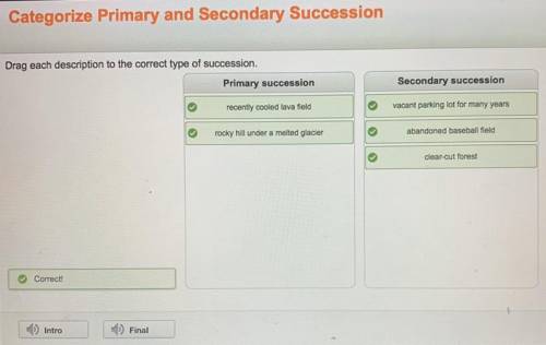 Drag each description to the correct type of succession  Primary succession - recently cooled lava f