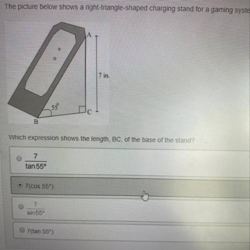 The picture below shows a right-triangle-shaped charging stand for a gaming system: Which expression