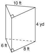 Find the surface area of the following triangular prism. surface area =  1 ft 2