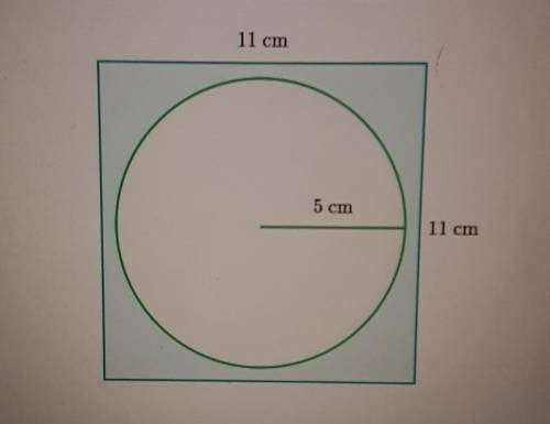 A circle with radius of 5 cm sits inside a 11 cm x 11 cm rectangle.What is the area of the shaded re