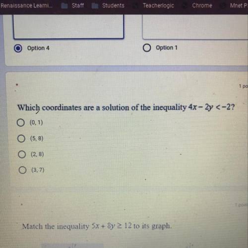 Which coordinates are a solution of the inequality 4x-2y<-2