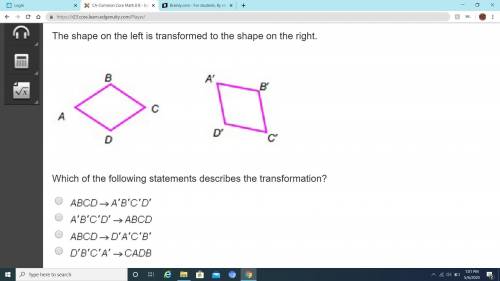 The shape on the left is transformed to the shape on the right. Figure A B C D is rotated to form fi