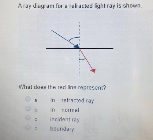 A ray diagram for a refracted light ray is shown.What does the red line represent?a. In refracted ra
