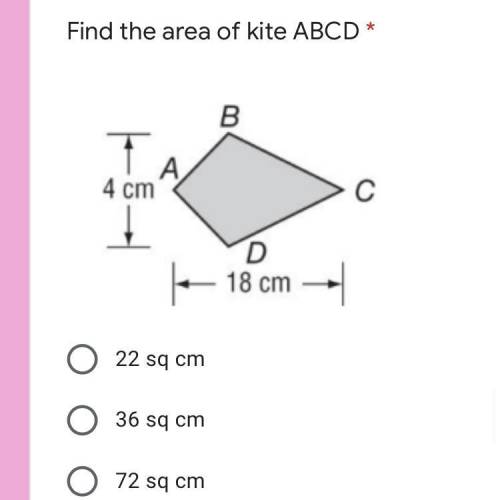 Find the area of kite ABCD * Captionless Image 22 sq cm 36 sq cm 72 sq cm 386 sq cm None of the abov