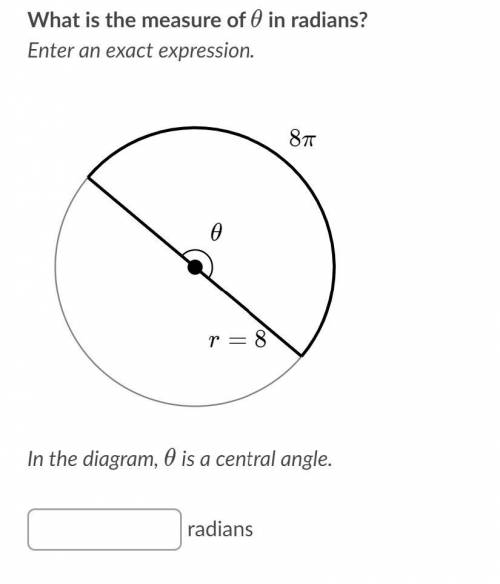 What is the measure of θ in radians? Enter an exact expression. In the diagram, θ is a central angle