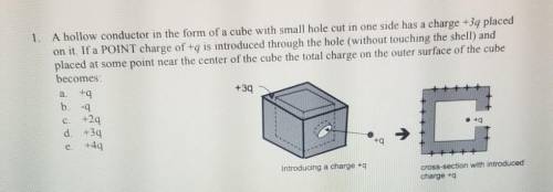 1. A hollow conductor in the form of a cube with small hole cut in one side has a charge +39 placedo
