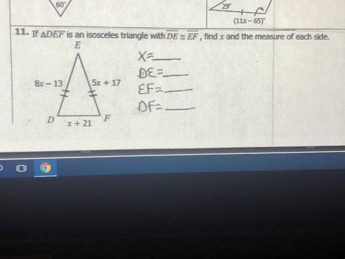 If triangle DEF is an isosceles triangle with side DE and side EF equal, find x and the measure of e