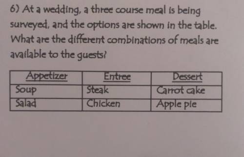At a wedding a three course meal is being surveyed and the options are shows below in the table. wha