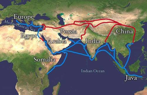 According to the map, which was true of the sea route of the Silk Road? It allowed trade to extend t