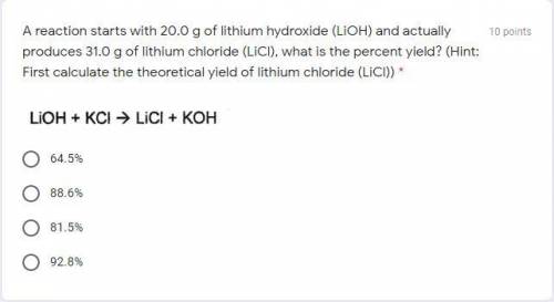 A reaction starts with 20.0 g of lithium hydroxide (LiOH) and actually produces 31.0 g of lithium ch