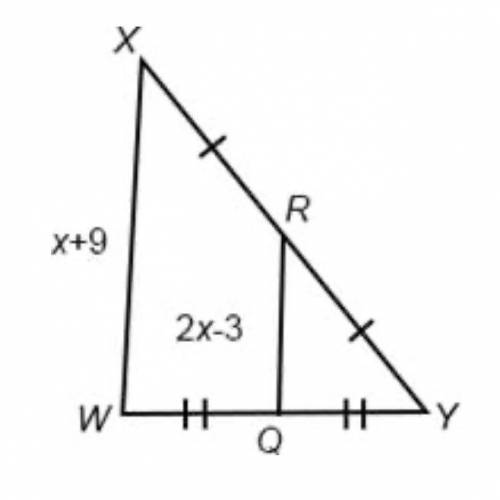 In the diagram, XW = x + 9 and RQ = 2x – 3. Solve for x. Question 3 options: A)  7 B)  6  C)  4  D)