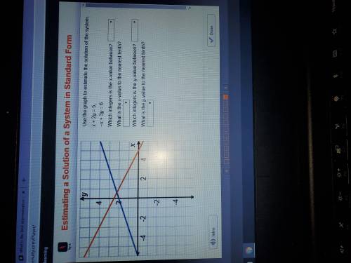 PLZZ HURRY I HAVE A TIMEROn a coordinate plane, 2 lines intersect around (0.6, 2.2).Use the graph to