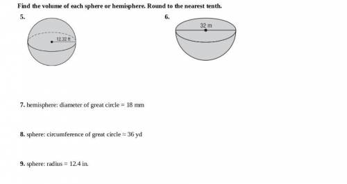 Surface area & volume of spheres and hemispheres. 9 questions.