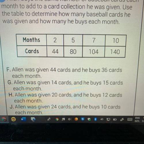 Allen buys the same number of baseball cards each month to add to a card collection he was given. Us