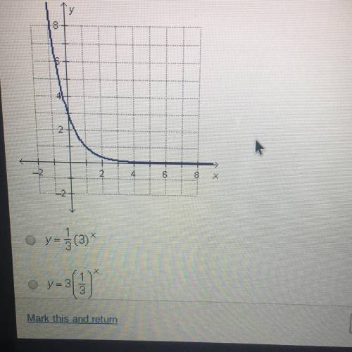 Which function is graphed below Y=1/3(3)x Y=3{1/3}^3 Y=(1/2)^x+2