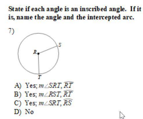 State if each angle is an inscribed angle. If it is, name the angle and the intercepted arc.