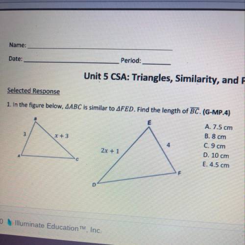 PLEASE HELP!  In the figure below, △ABC is similar to △FED. Find the length of BC. (line on top of B