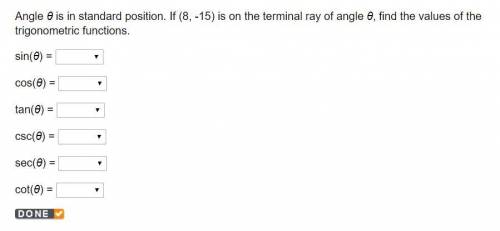 Angle (theta) is in standard position. If (8,-15) is on the terminal ray of angle (theta), find the