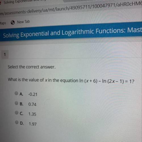 What is the value of x in the equation ln (x + 6) – ln (2x – 1) = 1?
