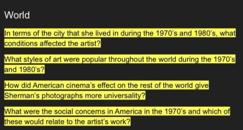 Please answer Cindy Sherman research questions!! (Just research her please) 20POINTS