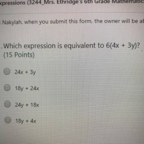Which expression is equivalent to 6(4x + 3y)?