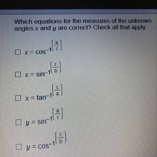 Which equations for the measures of the unknown angles x and y are correct? Check all that apply.